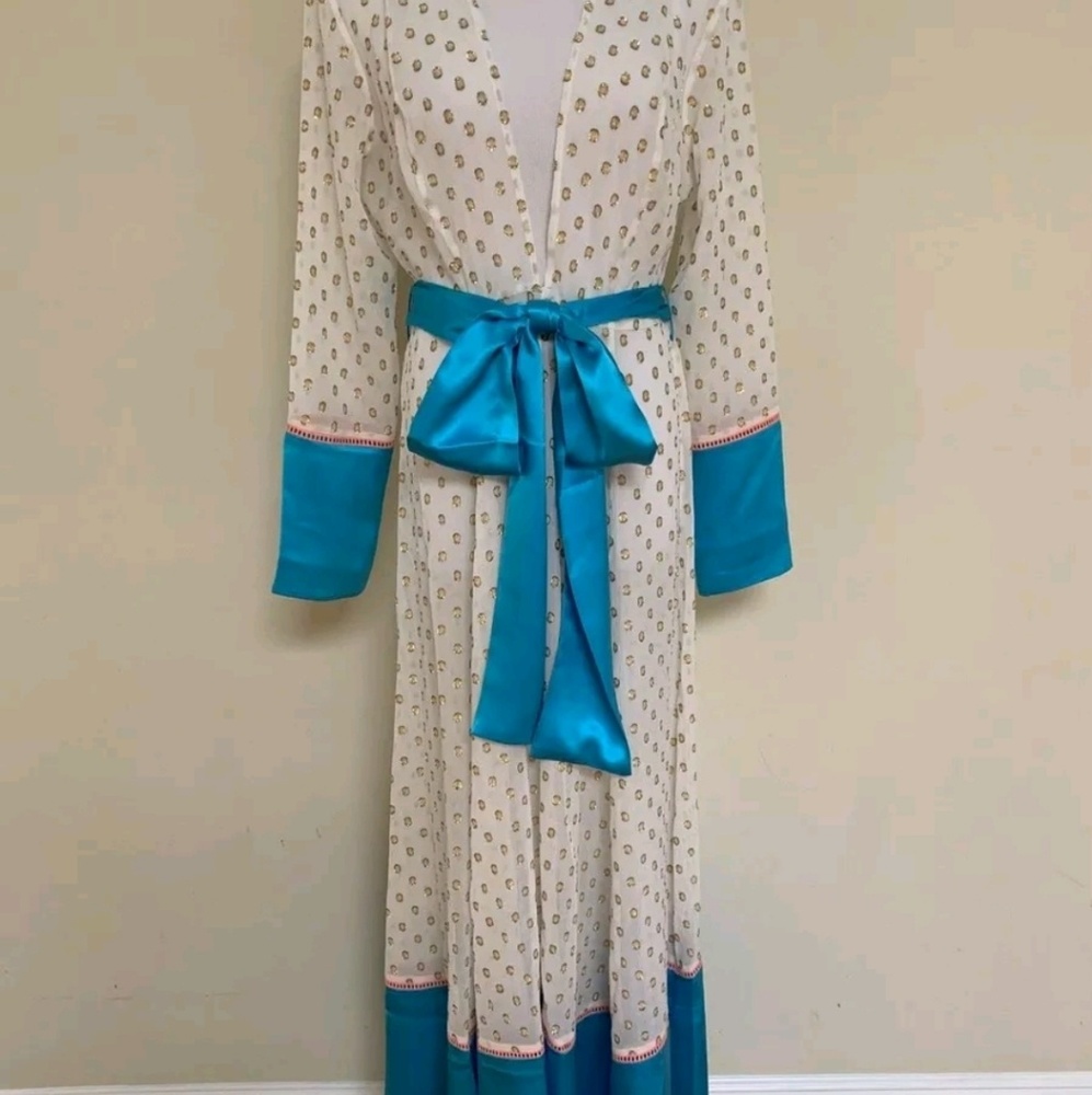 We are Leone Maxi Cardigan S/M Ivory/Turq Silk